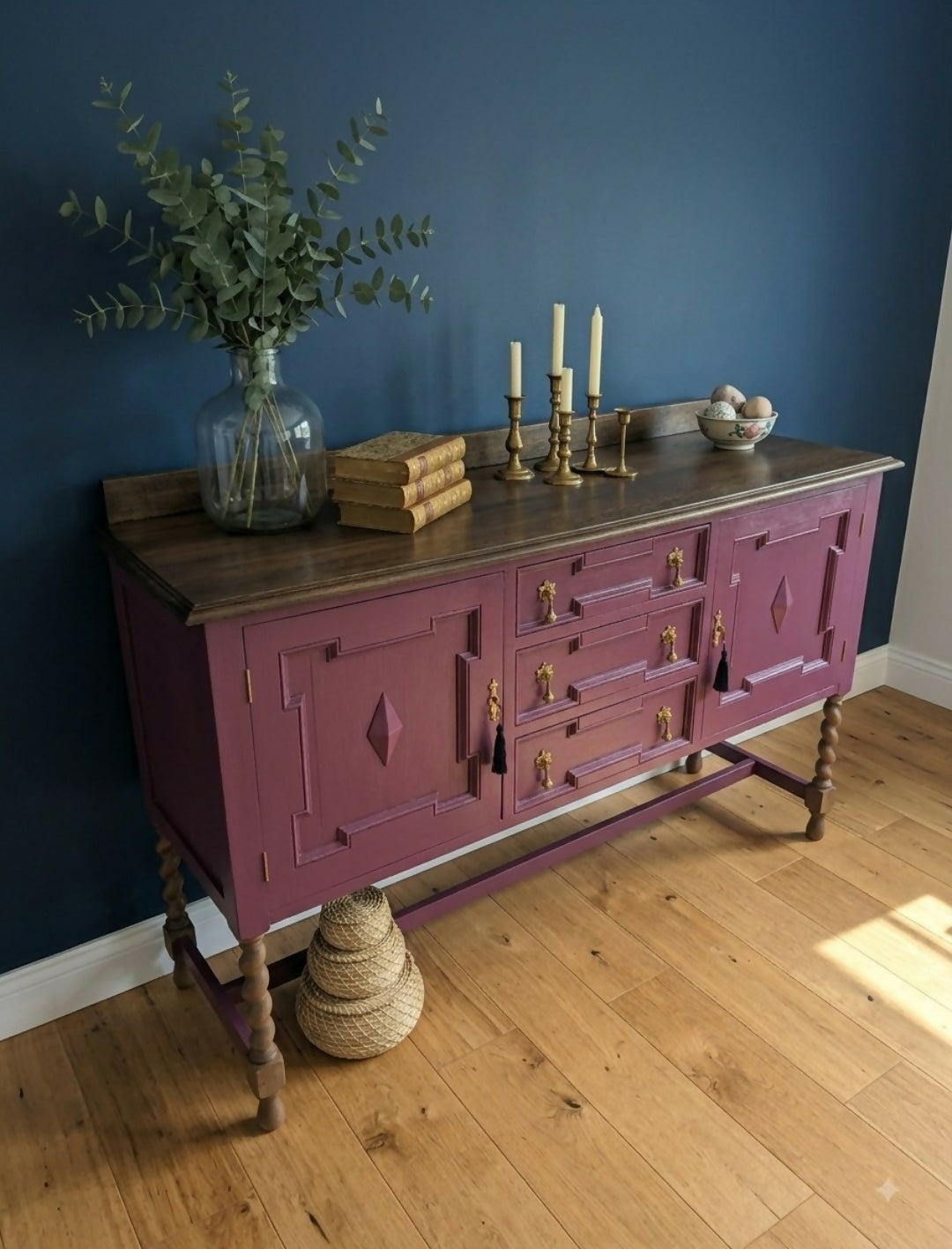 Refinished Jacobean Revival Solid Oak Sideboard, Burgundy Red Painted Buffet, Winchester Fusion Mineral Paint