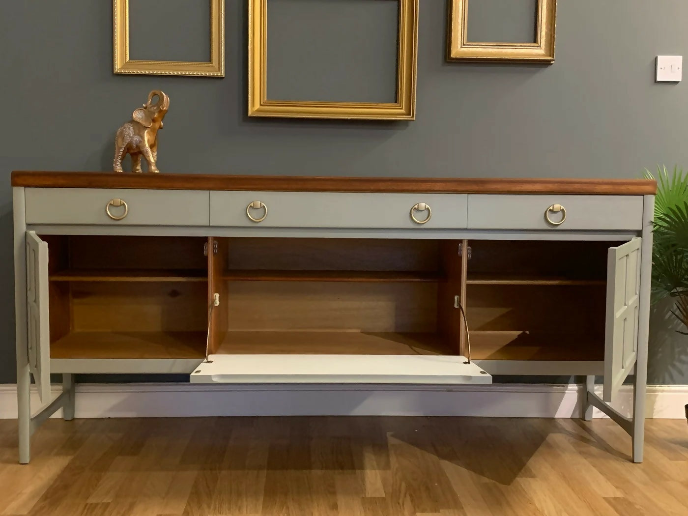 Farrow & balls “Pigeon” Vintage Nathan sideboard with naked top