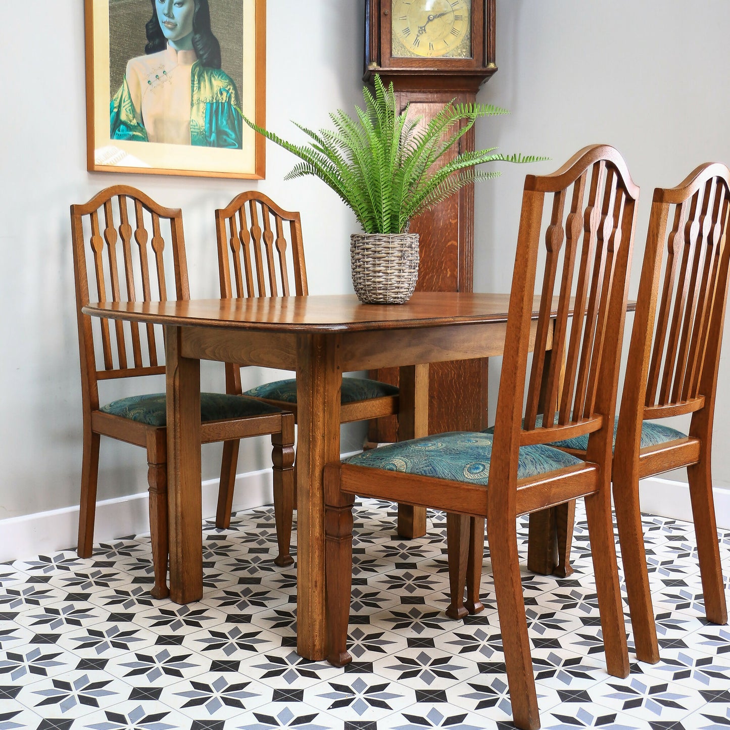 Arts and Crafts Dining Table and Liberty Chairs in Solid Oak with Liberty Fabric