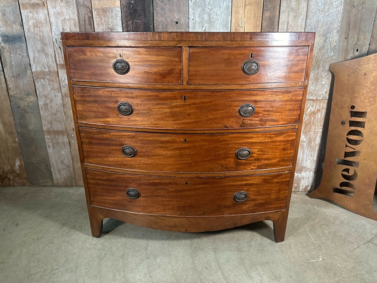 Antique Mid Victorian Bow Front Chest of Five Drawers, c 1840