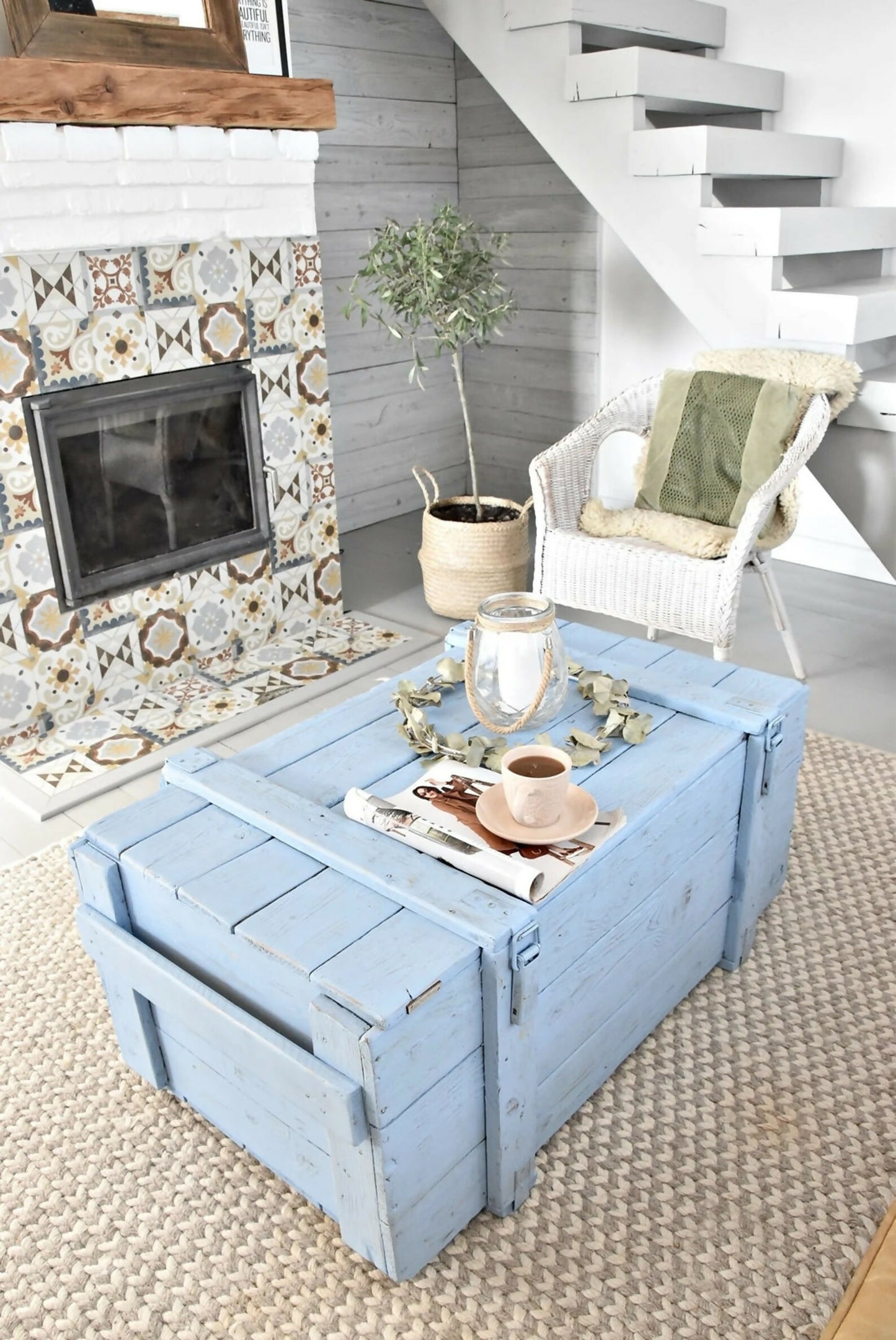 Pastel Blue Vintage Military Chest Coffee Table – Reclaimed Solid Wood Army Trunk Storage Table, Rustic Farmhouse Coffee Table