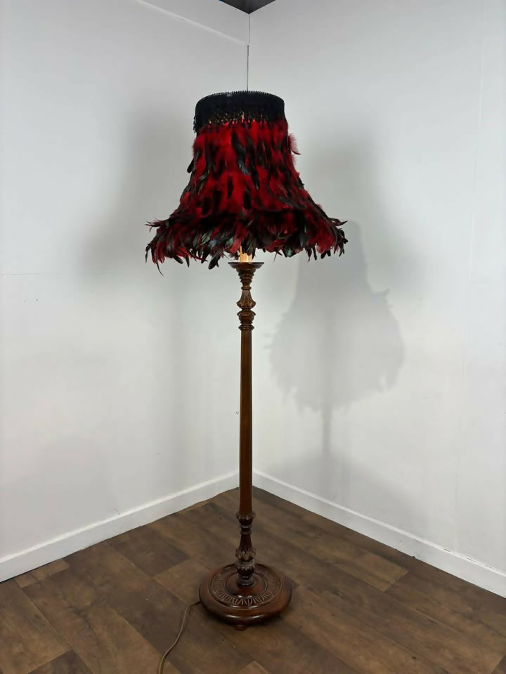 Vintage Carved Standard Lamp with Handmade Feather Shade