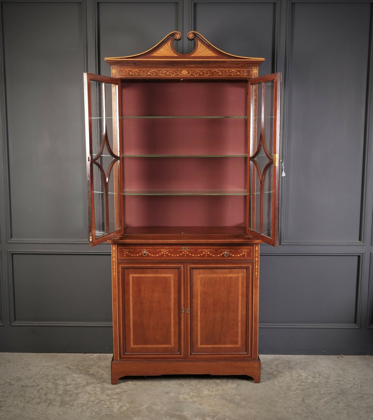 Marquetry Inlaid Mahogany Glazed Vintage Display Cabinet