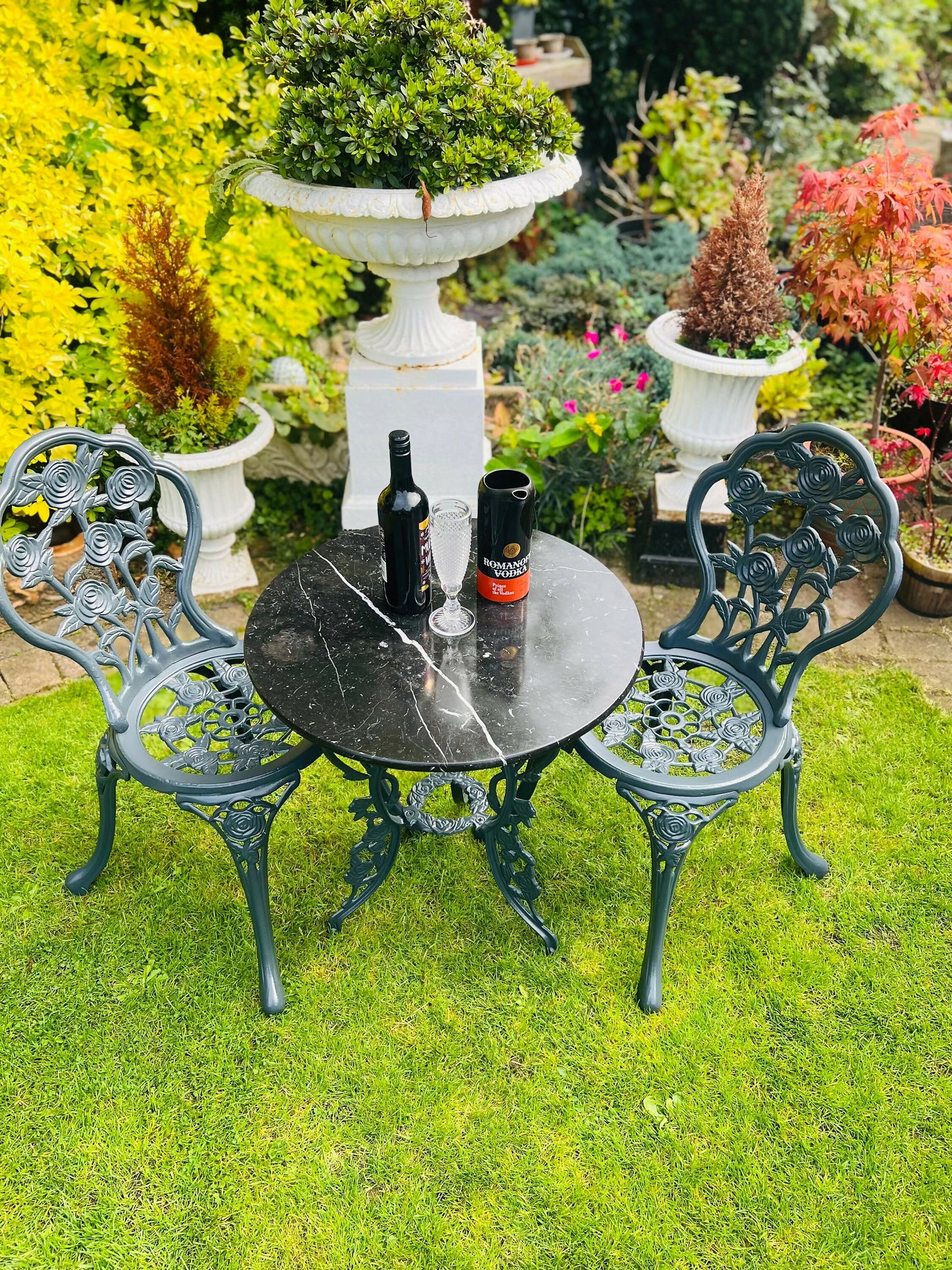 Grey Vintage Cast Iron and Marble Garden Furniture Patio Set