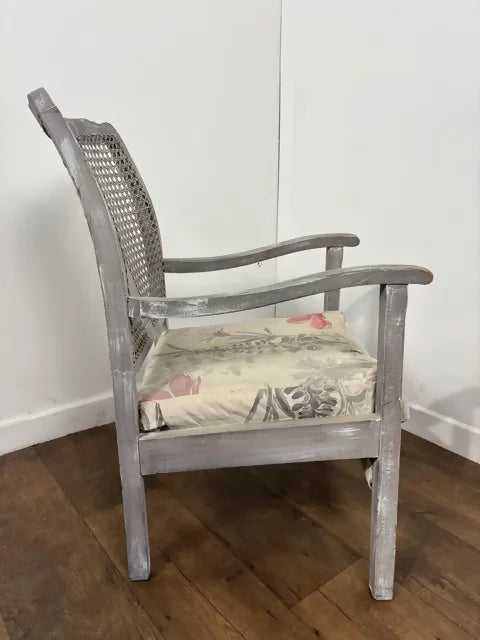 Vintage Painted Grey Cane Back Armchair / Bedroom Chair