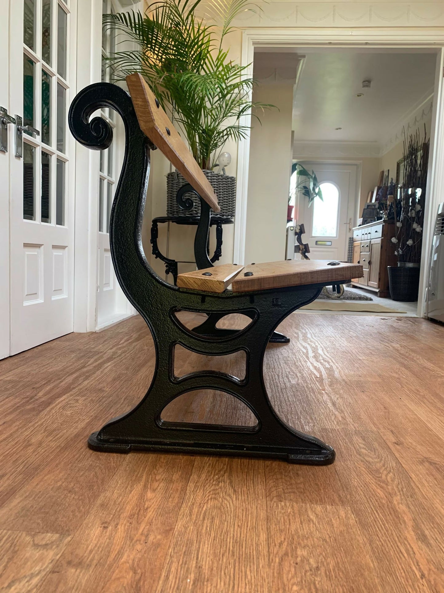 Black Cast Iron Very Heavy Garden Park Bench fully restored Oak Wood