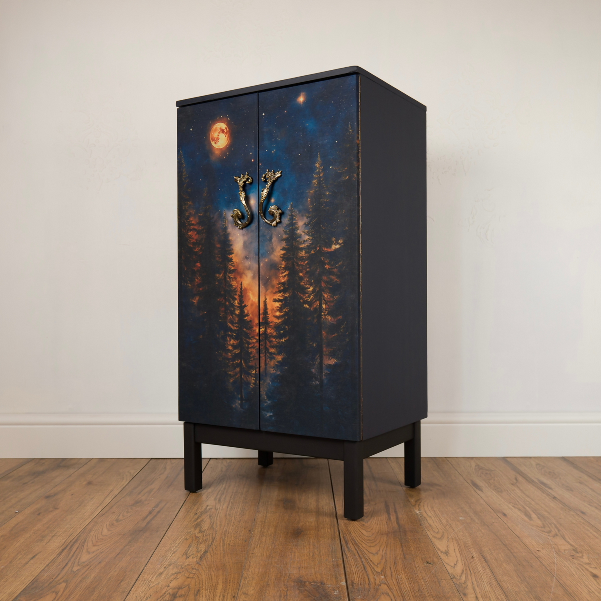 Upcycled Celestial Forest Music Cabinet, Midnight Blue Storage Cupboard