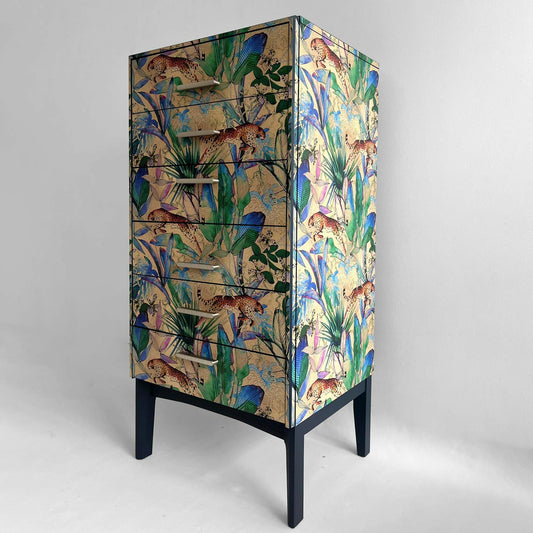 Vintage Remoloy Tallbou Chest of Drawers with Colourful Jungle Pattern and Chrome Handles from right