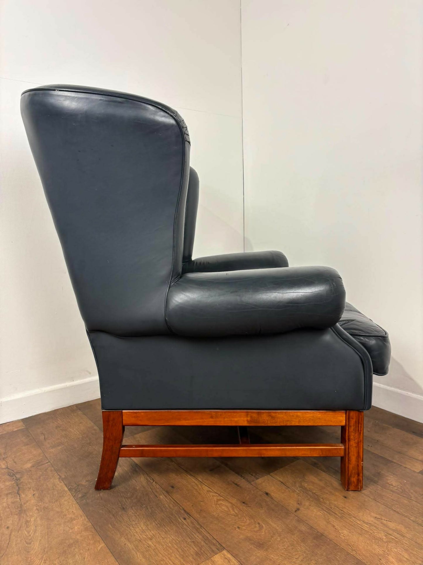 Blue Leather Chesterfield Style Wingback Armchair