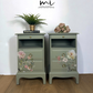 Rare Refinished Vintage Stag Minstrel Tea Tray Bedside Tables In Pale Sage Green With Floral Design, slim, nights stands, mid century