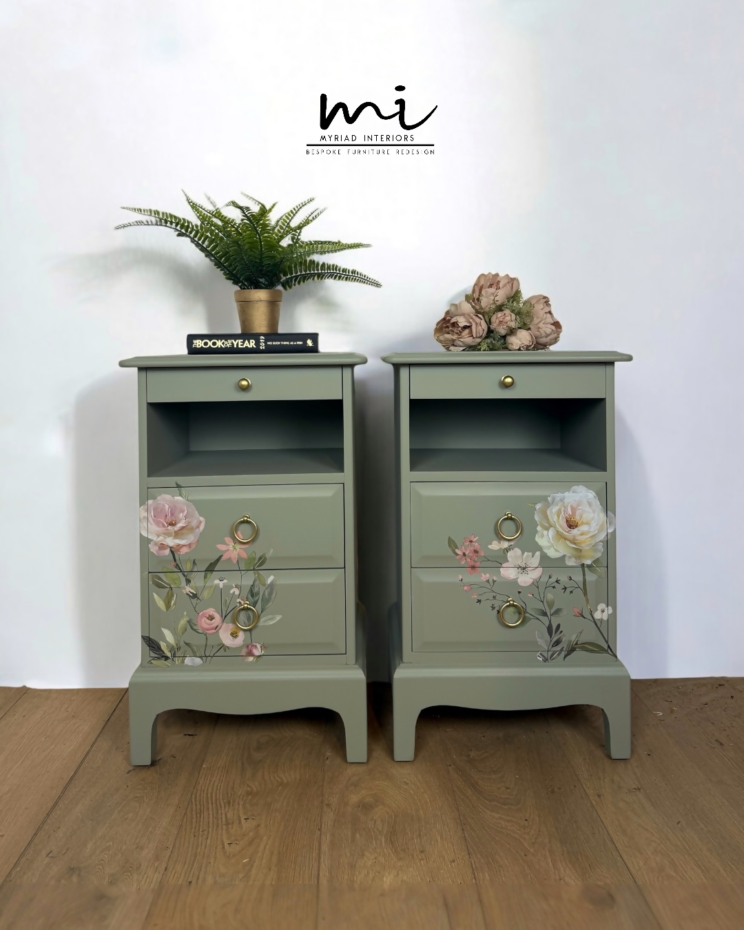 Rare Refinished Vintage Stag Minstrel Tea Tray Bedside Tables In Pale Sage Green With Floral Design, slim, nights stands, mid century