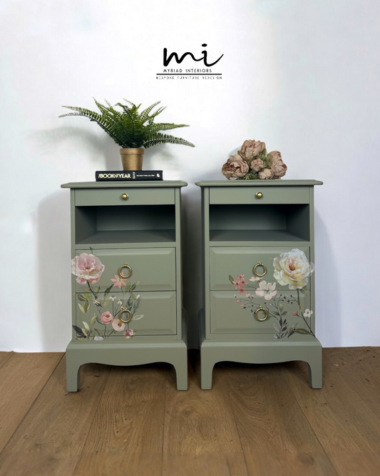 Rare Refinished Vintage Stag Minstrel Tea Tray Bedside Tables In Pale Sage Green With Floral Design, slim, nights stands, mid century