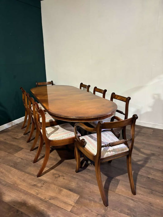 Regency Style Mahogany Twin Pedestal Table with Eight Chairsm