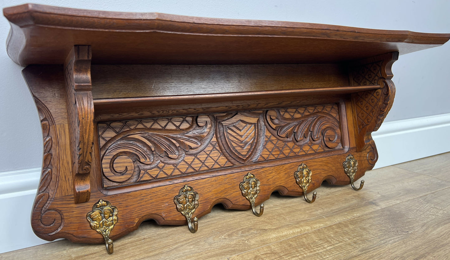 Coat Rack Vintage French Oak Wall Mounted 5 Hooks Carved Rack Hanger LOT 6294