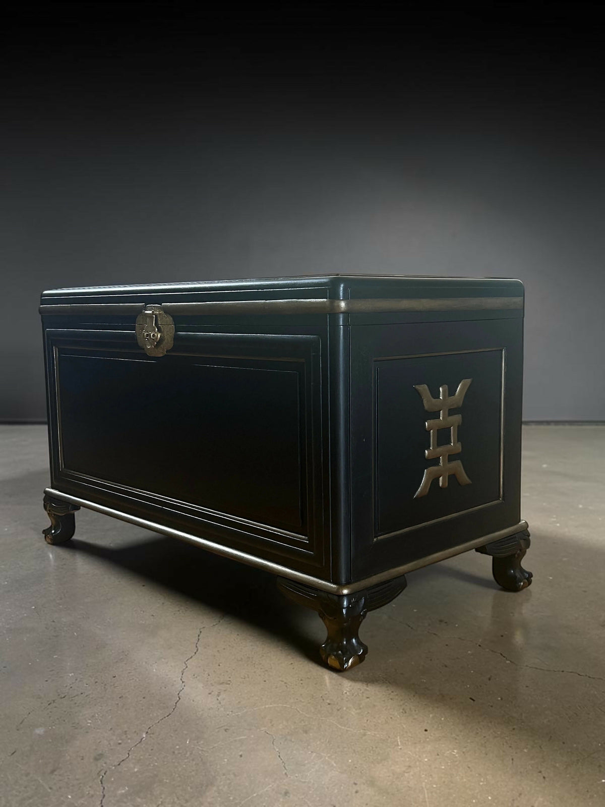 Ottoman. Antique Oriental storage Chest. Black and gold. Handpainted.
