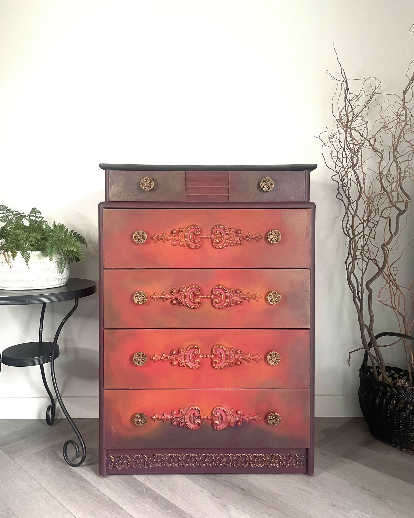 Vintage Stag Chest of Drawers Hand Painted, Red Orange