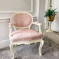 Louis XVl Newly Upholstered Accent Chair, Bergere, Pink Toile Fabric, Cream Painted Frame, Cabriole Legs. Venetian influences.