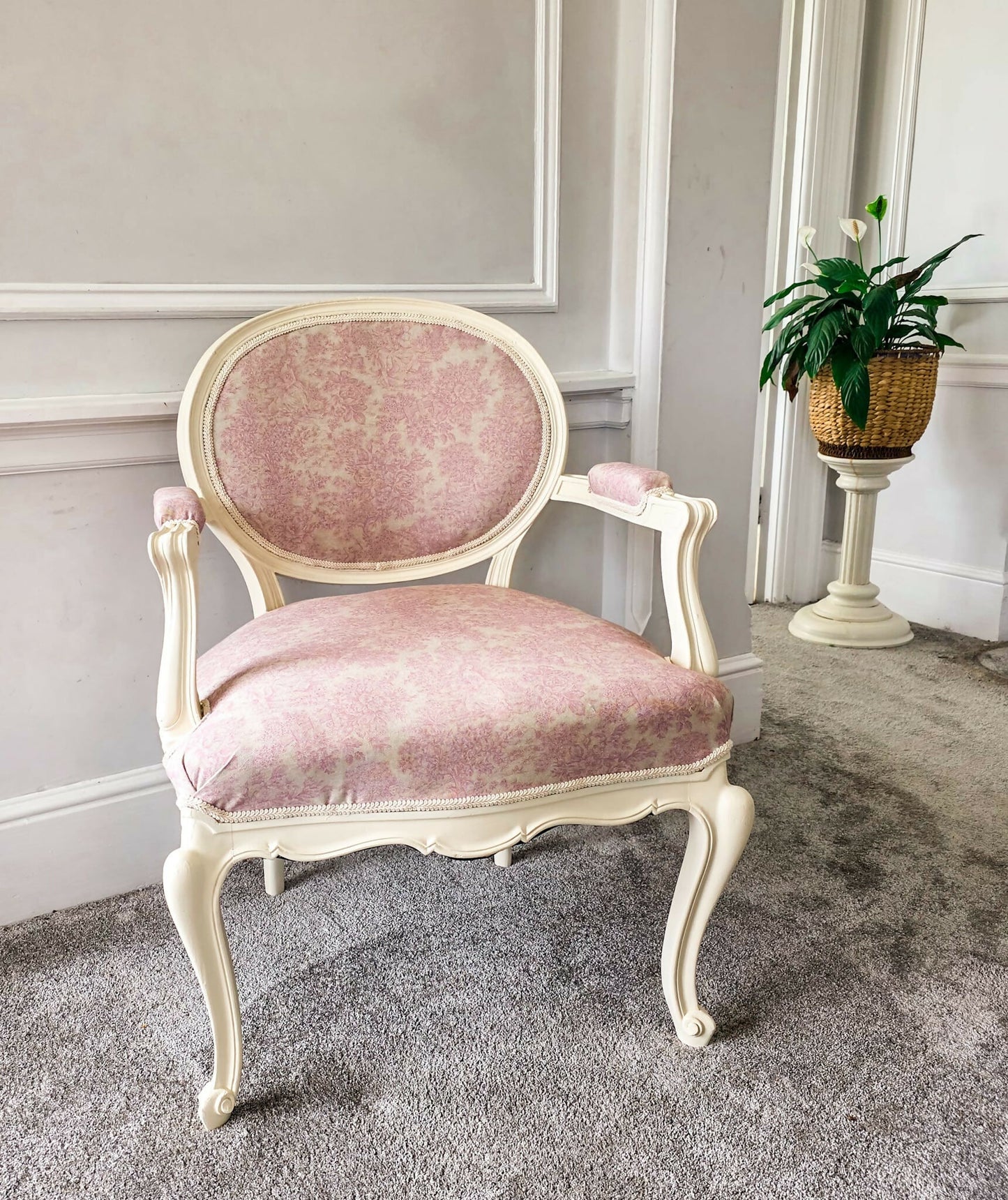 Louis XVl Newly Upholstered Accent Chair, Bergere, Pink Toile Fabric, Cream Painted Frame, Cabriole Legs. Venetian influences.