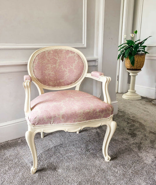Louis XVl Newly Upholstered Accent Chair, Bergere, Pink Toile Fabric, Cream Painted Frame, Cabriole Legs. Venetian influences.