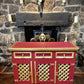 Vintage Chinoiserie Eastern Style Red & Gold Sideboard With Lattice Doors & Lined Interior