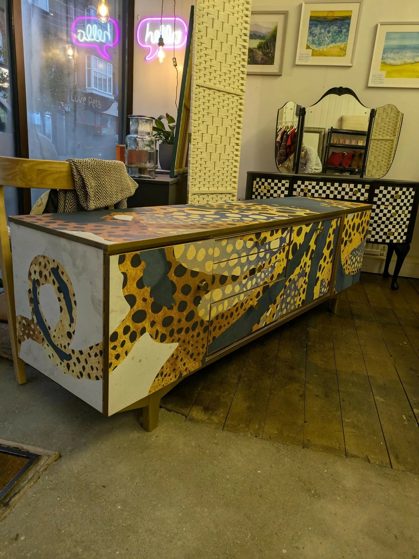 Mid-Century Modern Octopus Print Sideboard: Upcycled TV Unit Cabinet Commission Piece