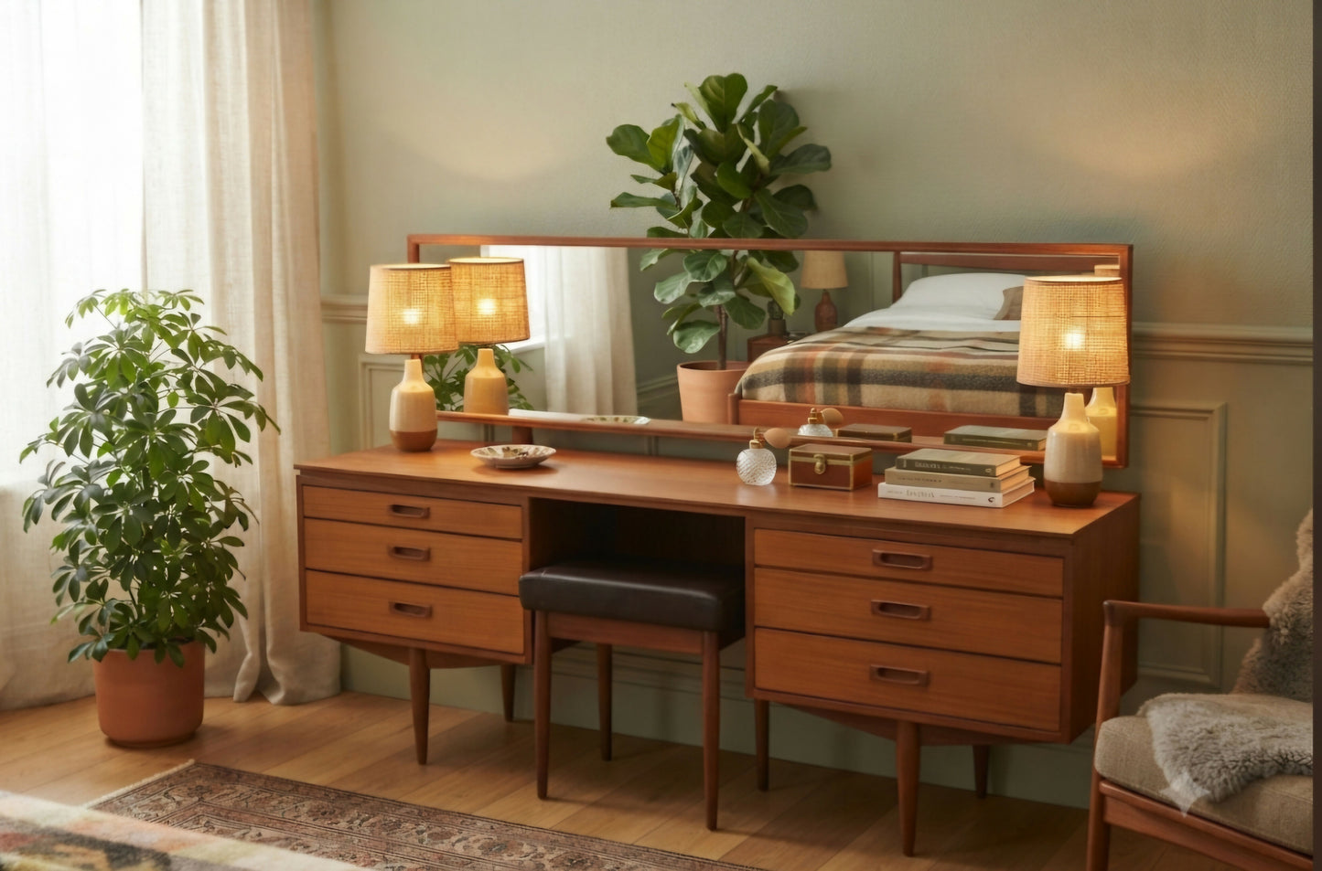 Mid Century Modern Dressing Table by White & Newton with stool and mirror