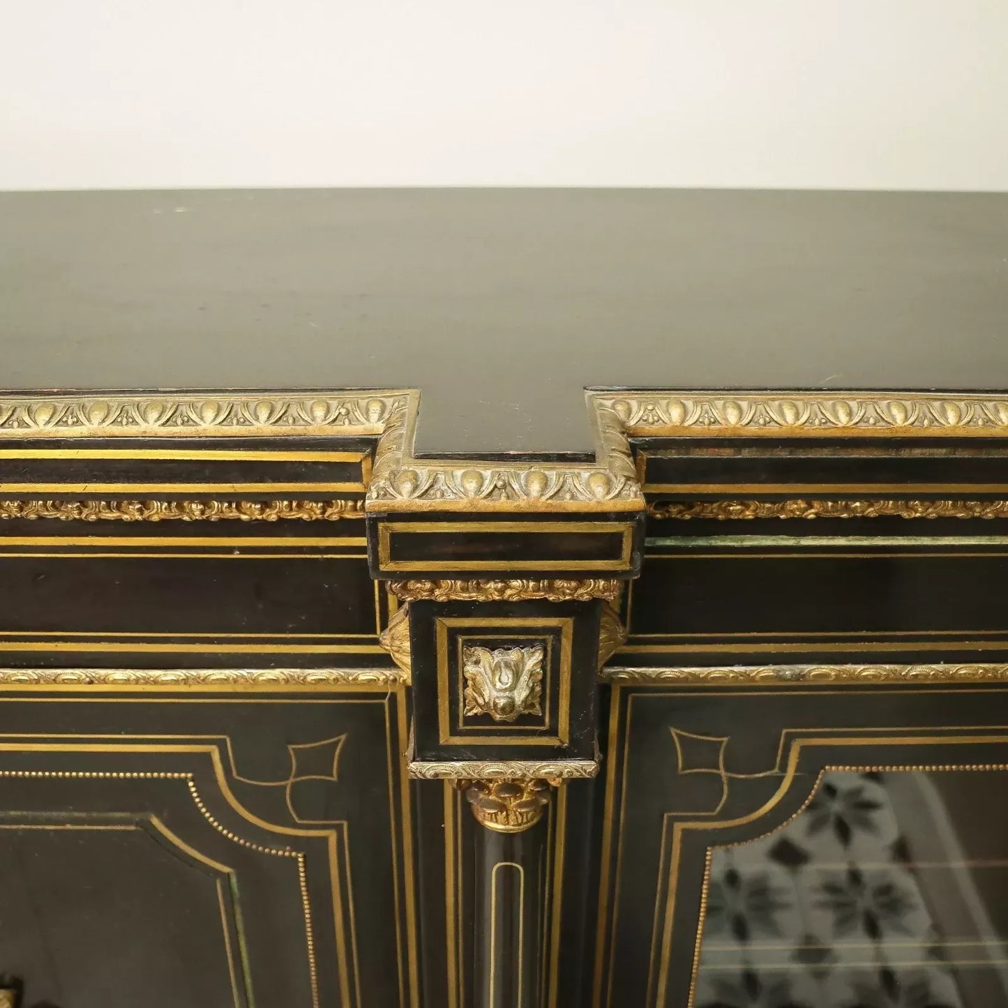 Antique Ebonised Black and Gilt Brass Credenza 19th Century with Porcelain Plaques
