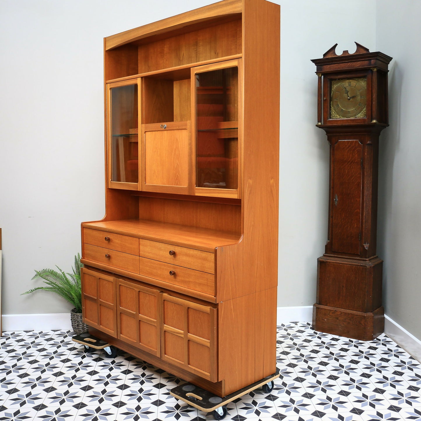 Nathan Wall Unit Display Cabinet in Teak, Glazed Doors 1980s Parker Knoll label