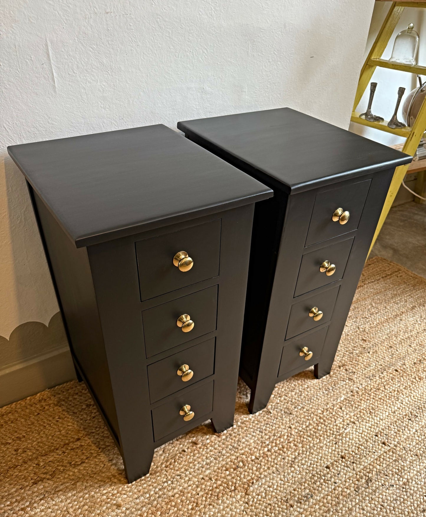 Newly refurbished pair of bedside drawers cabinets tables black nightstands solid wood tall