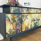Refinished G Plan sideboard in deep blue with pretty floral and botanical, e Gomme, Tola, deep teal, maximalist, tv stand, cocktail cabinet