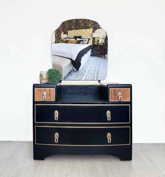 Black and Gold Vintage Dressing Table, Dresser with mirror