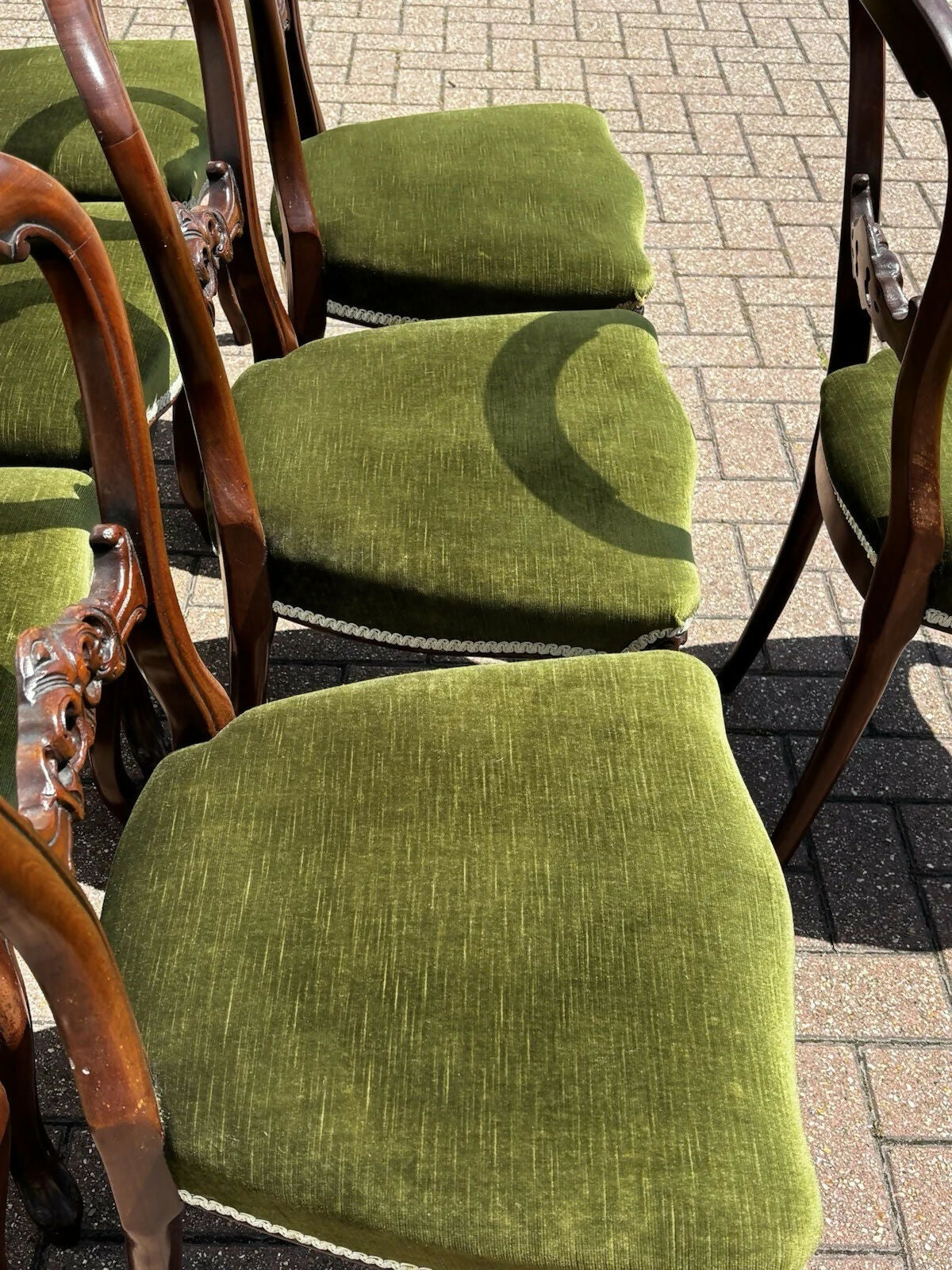 Set of 8 Green Balloon Back Mahogany Dining Chairs.