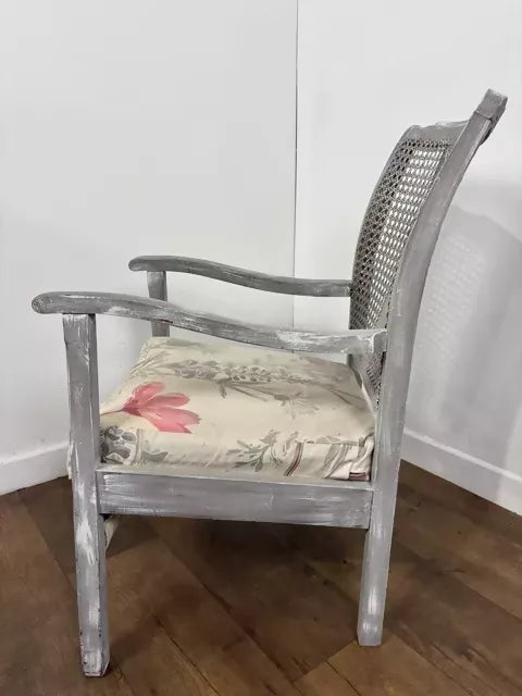 Vintage Painted Grey Cane Back Armchair / Bedroom Chair