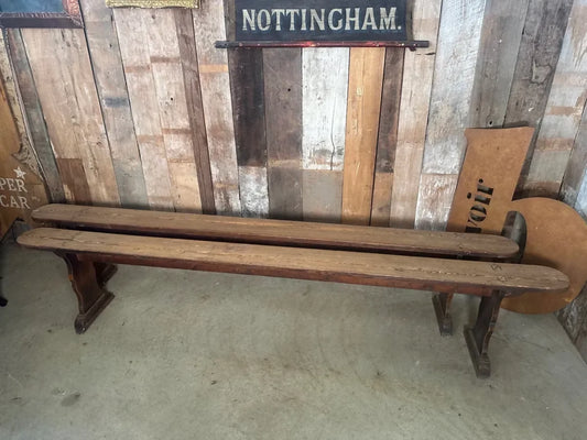 Antique Pair French Pine Long Benches Pews, c 1860