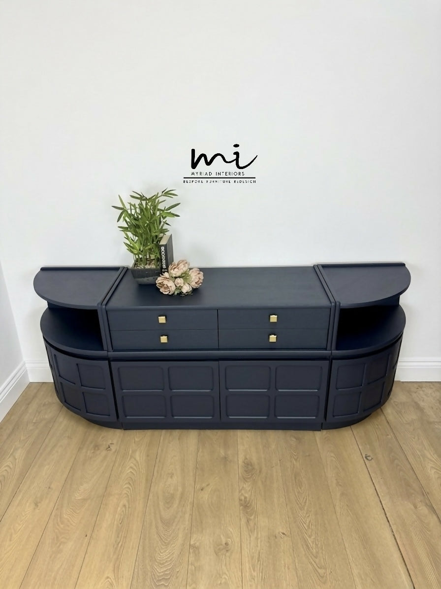 Mid Century Nathan teak modular sideboard set in navy blue, tv stand, media unit, retro corner cupboard, console, cocktail cabinet drinks