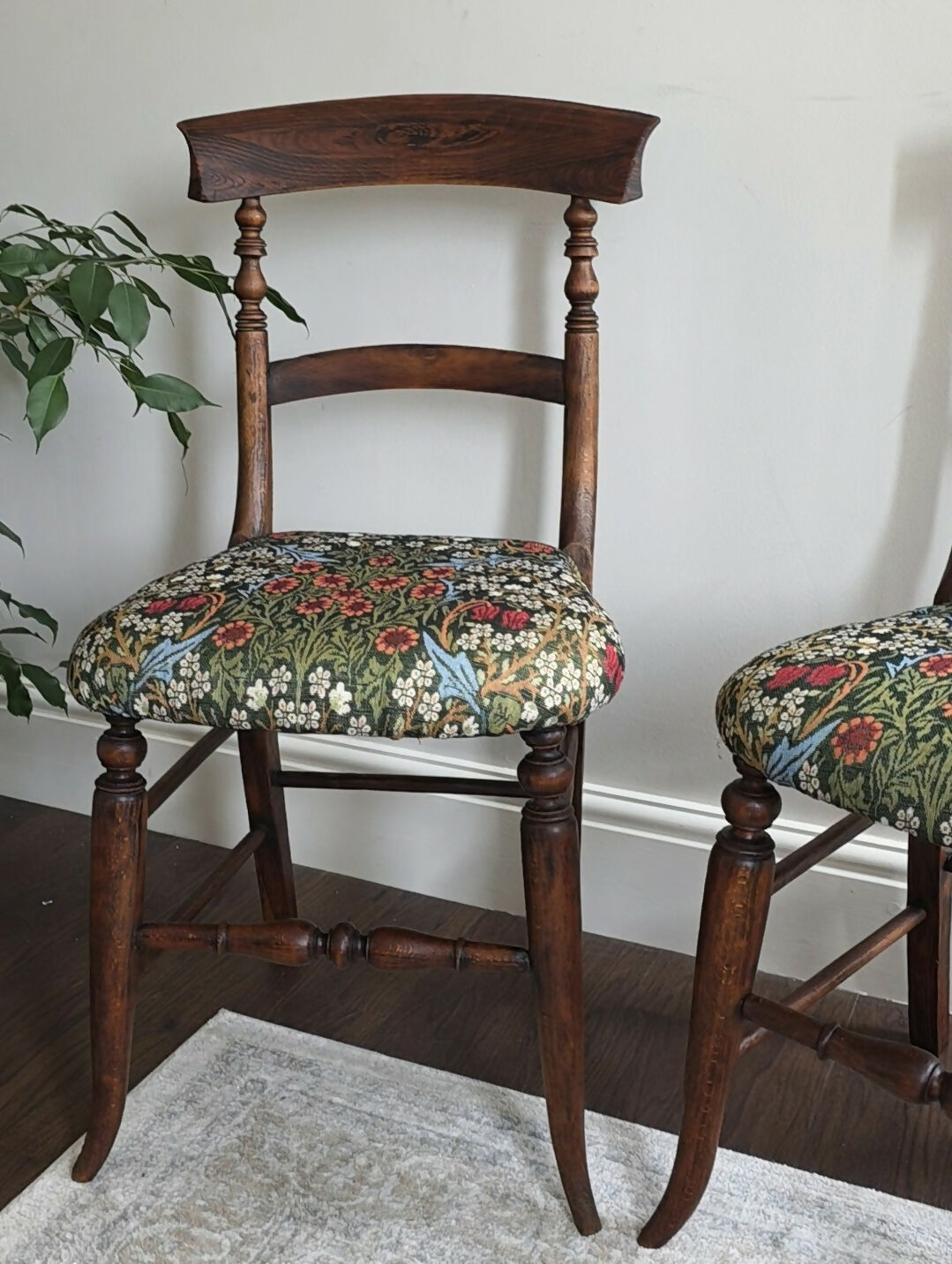 Beautiful Pair Of Victorian Oak Chairs Reupholstered Seats in a William Morris 'Blackthorne' Tapestry Fabric'