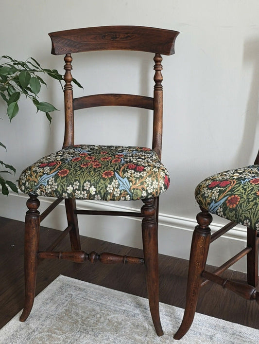 Beautiful Pair Of Victorian Oak Chairs Reupholstered Seats in a William Morris 'Blackthorne' Tapestry Fabric'