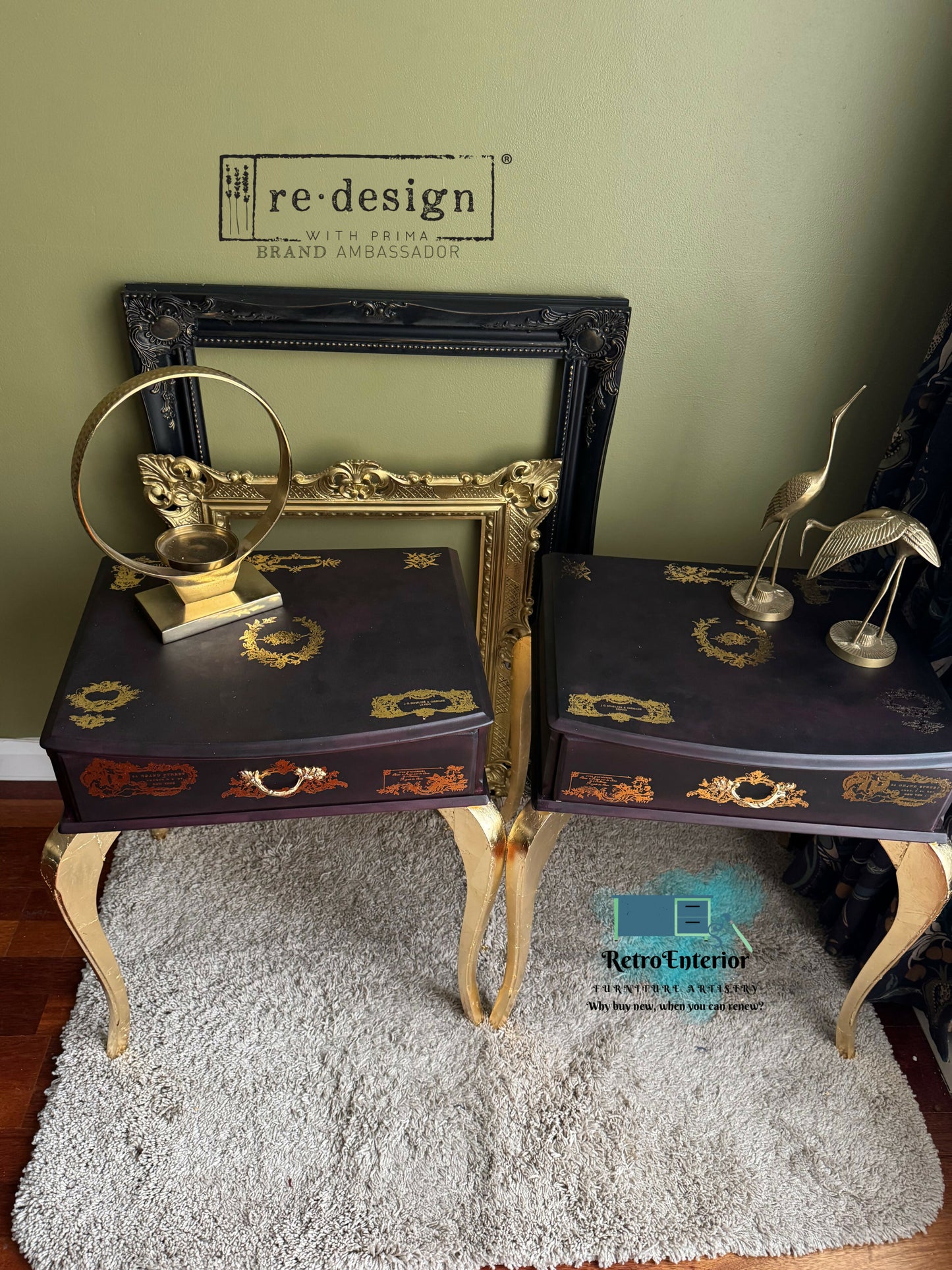Pair of French-Inspired Vintage Bedside Tables – Deep Elderberry & Gold Elegance