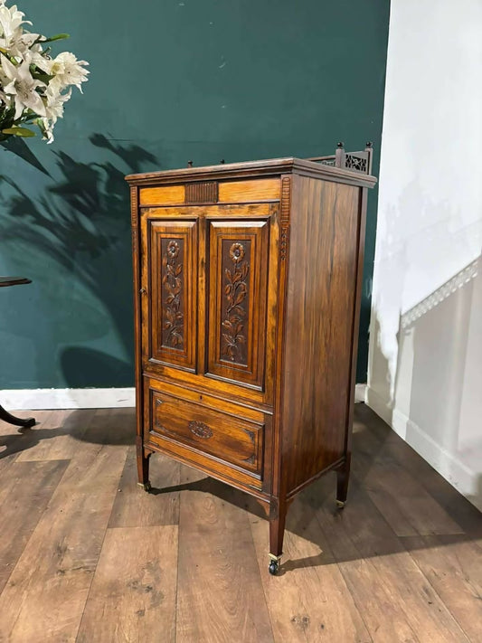 Victorian Rosewood Music Cabinet with Carved Floral Detailcv