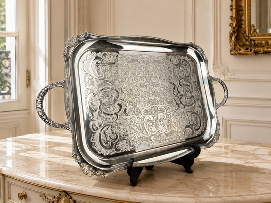 Serving Tray Vintage Metal Ornate Engraved Twin Handle English Tray LOT 6444
