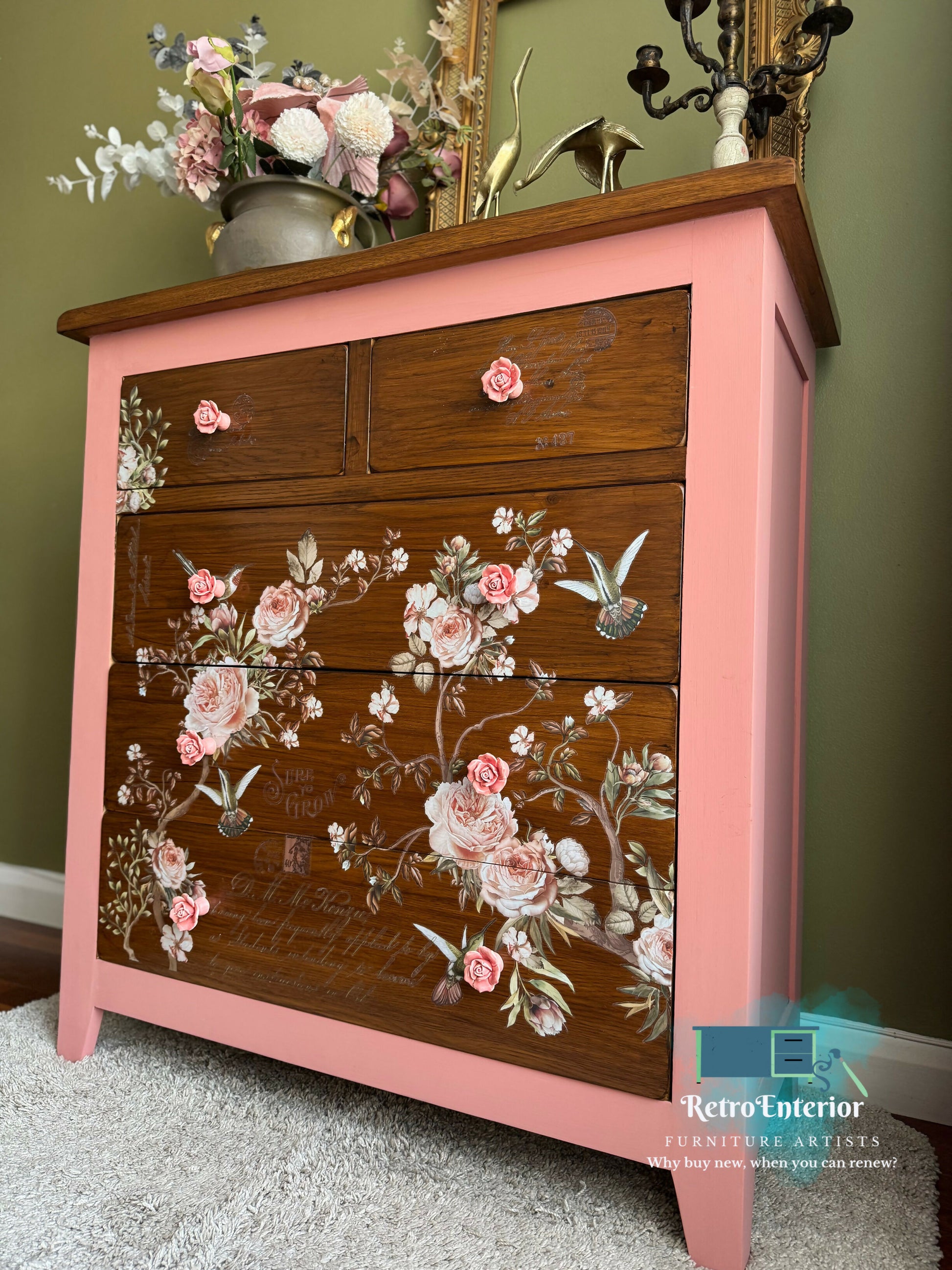 dresser with floral wood design on the front Beautiful Furniture Flip with Natural Wood and Flowers
