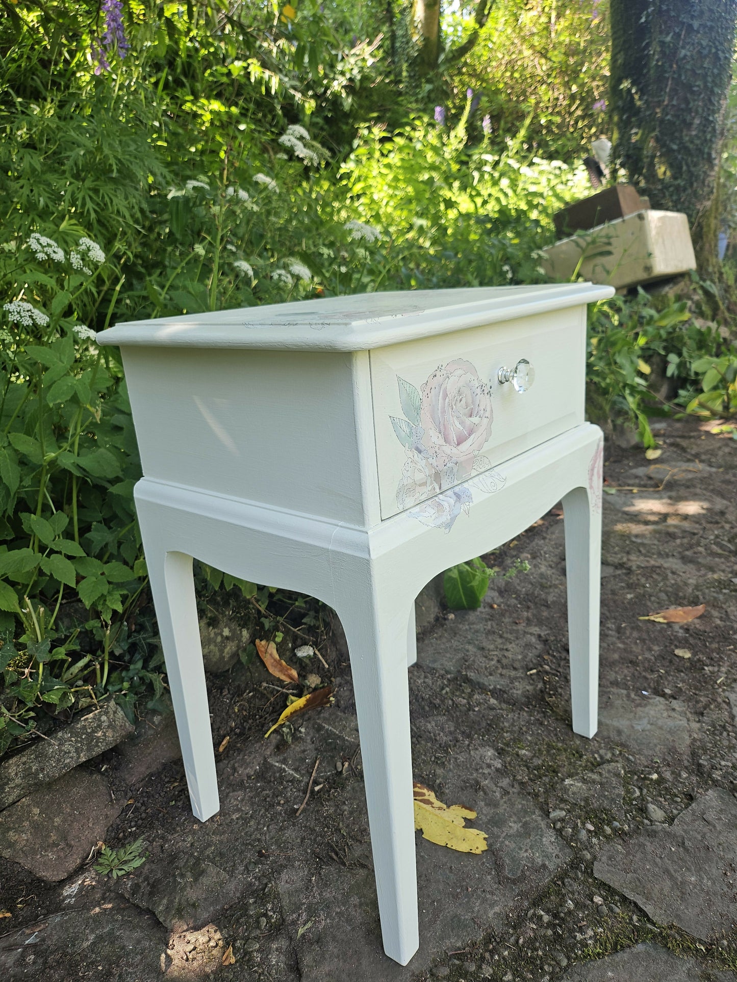 Stag Minstrel 'leggy' beside table with drawer painted in clotted cream