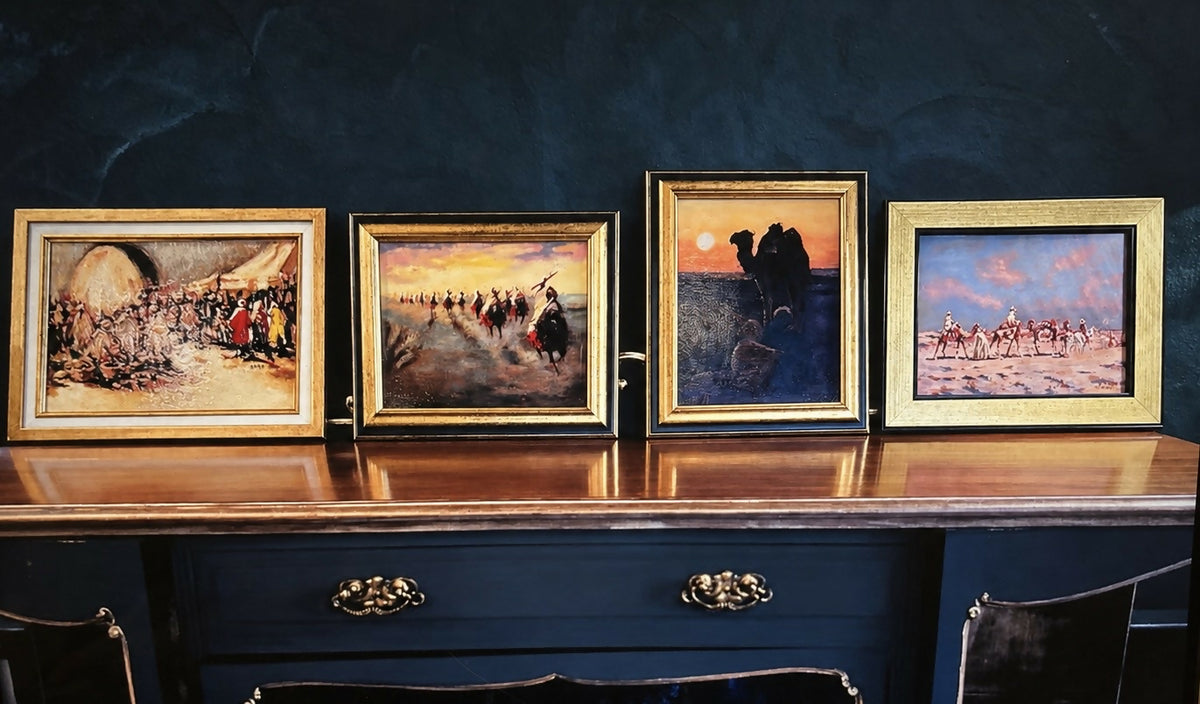 Vintage Set of x4 Desert/Eastern Oil Paintings, Gold Framed, Signed by Same Artist
