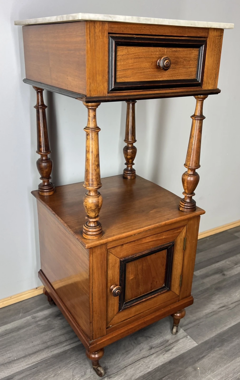 Bedside Table Antique French Style Marble Top Walnut Cupboard Cabinet LOT 4043
