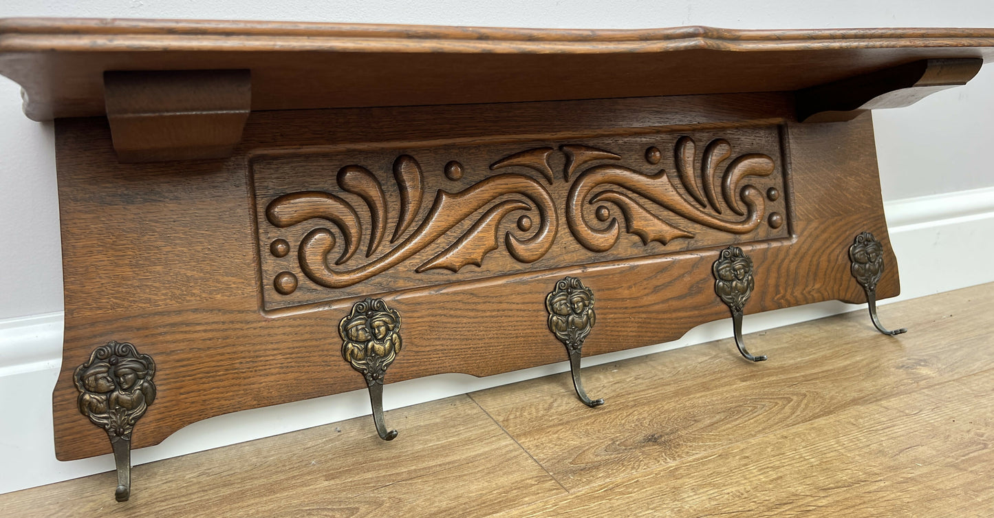 Coat Rack Vintage French Oak Wall Mounted 5 Hooks Carved Rack Hanger LOT 6302
