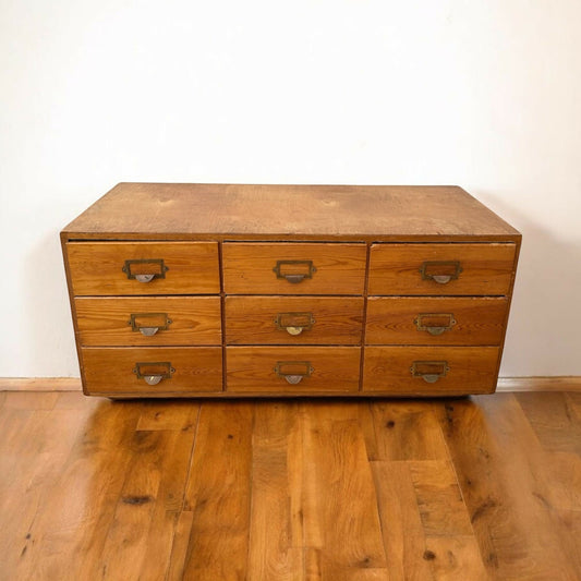 Vintage Pine 9 Drawer Apothecary Cabinet Antique Haberdashery Chest Brass Label Holders Industrial Storage Unit Mid Century Filing Drawers