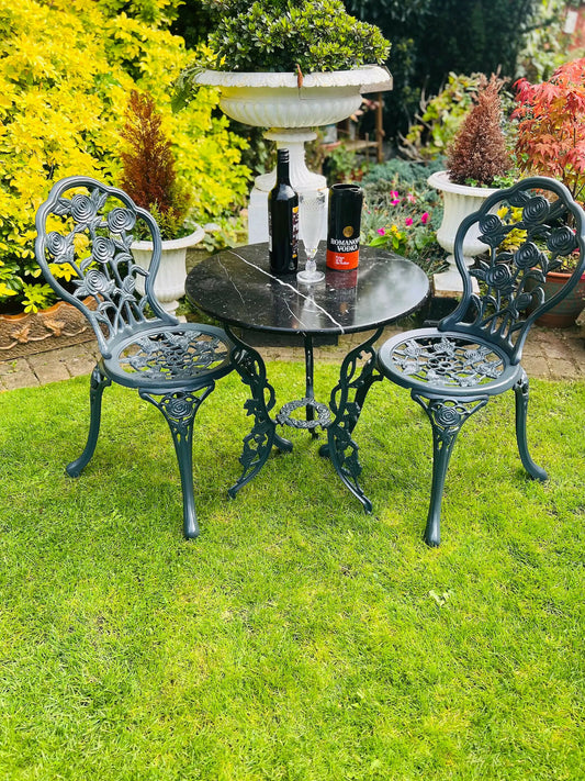 Grey Vintage Cast Iron and Marble Garden Furniture Patio Set
