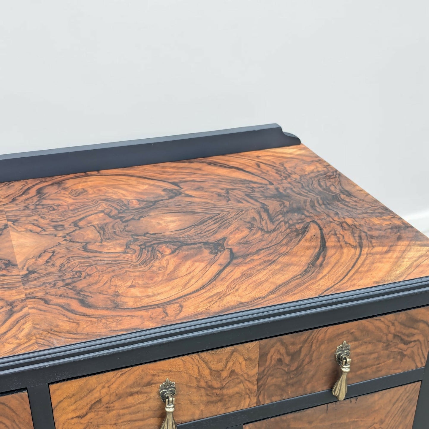 Vintage art deco black gold walnut burr wood desk dressing table