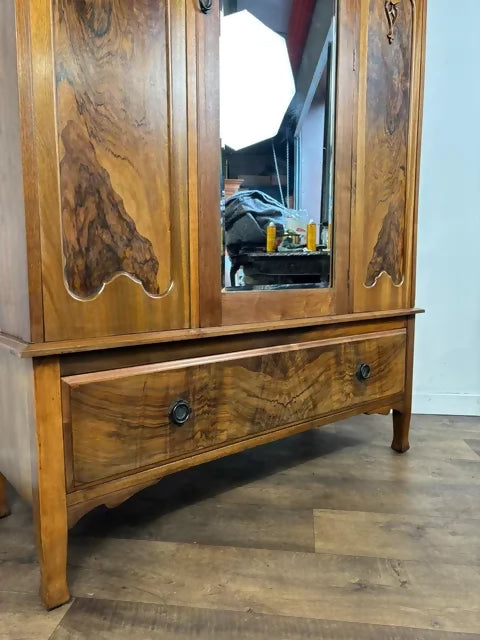 Edwardian Walnut Single Door Mirrored Wardrobe with Carved Panels