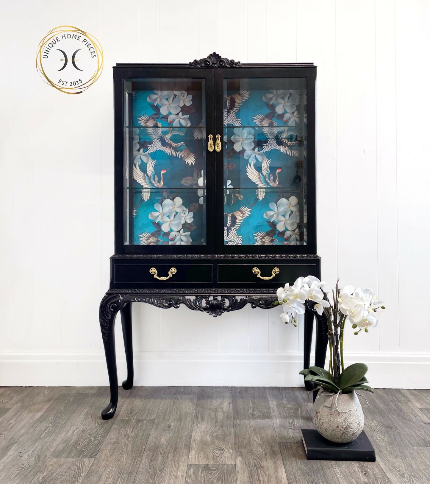 Bespoke Glass Door Display Cabinet With Turquoise Crane Bird Design